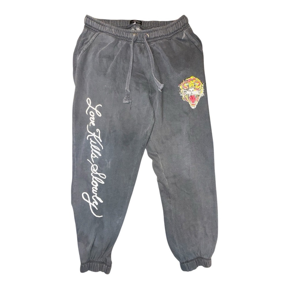 Ed Hardy Christian Audigier Tiger Head Love Kills Slowly Gray Joggers Y2K
